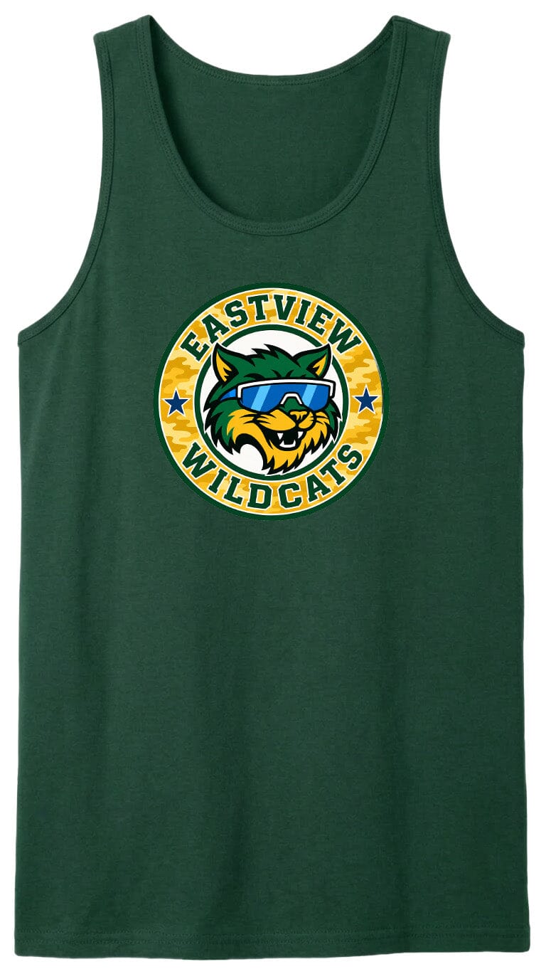 A green tank top with a circular logo featuring a cartoon cat wearing sunglasses and the text "EASTVIEW WILDCATS".