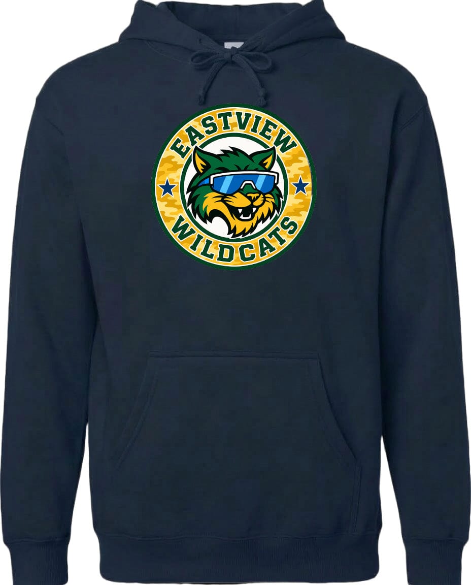 A navy blue hoodie with a graphic design featuring a cartoon cat wearing sunglasses and the text "EASTVIEW WILDCATS" around it.