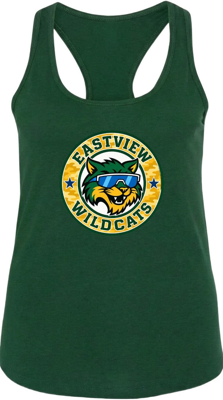 A green tank top with a graphic design featuring a cartoon cat wearing sunglasses and the text "EASTVIEW WILDCATS" around it.