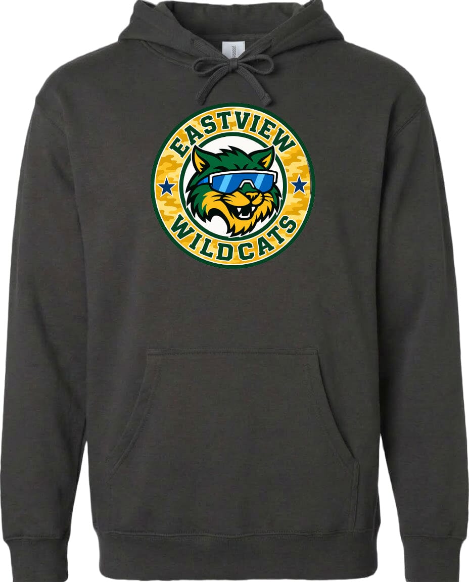 A black hoodie with a graphic design featuring a cartoon cat wearing sunglasses and the text "EASTVIEW WILDCATS" around it.