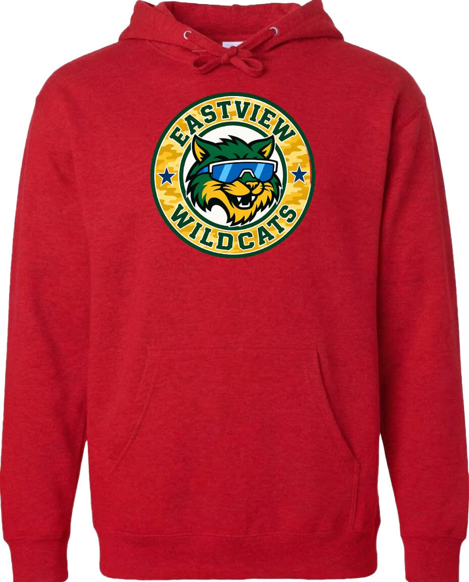 A red hoodie with a graphic of a cat wearing sunglasses and the text "EASTVIEW WILDCATS" printed on it.