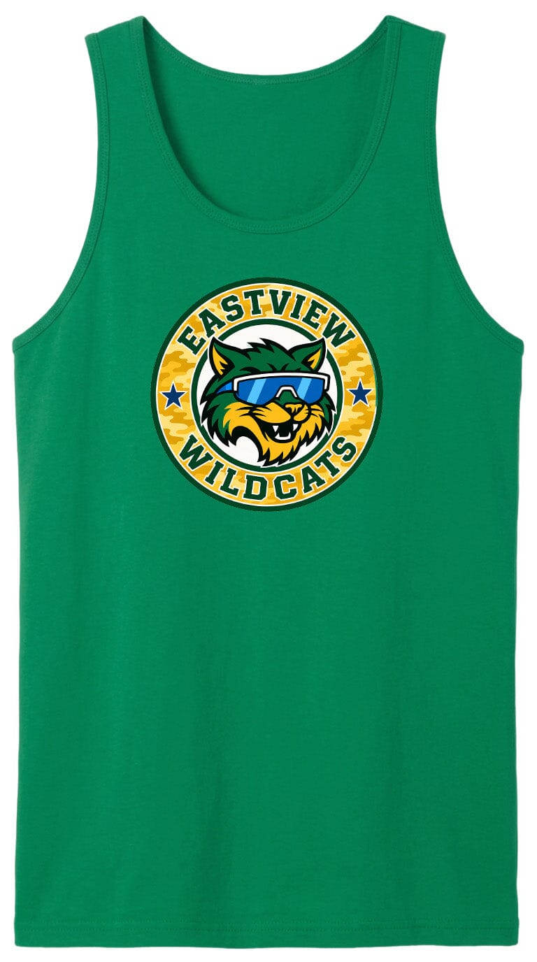 A green tank top with a circular logo featuring a cartoon cat wearing sunglasses and the text "EASTVIEW WILDCATS".