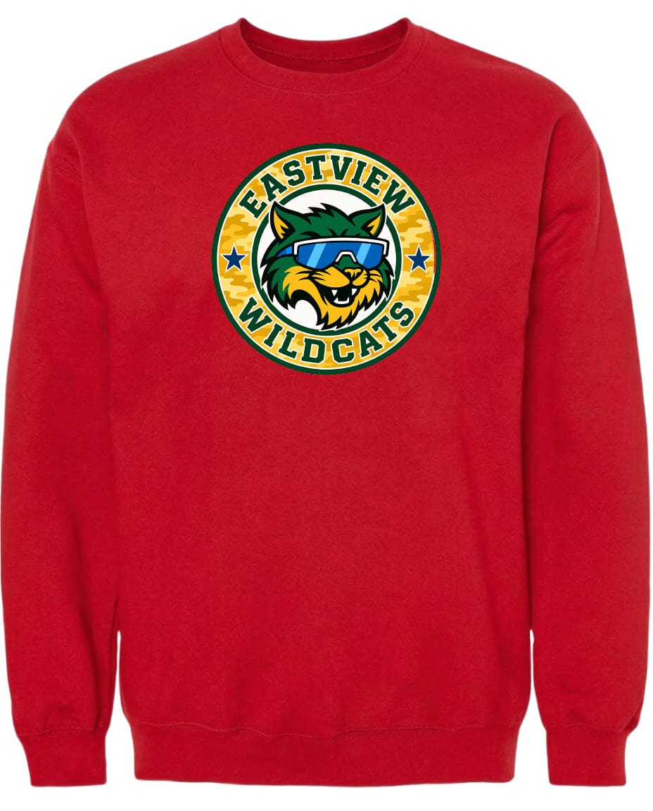 A red sweatshirt with a logo of a cat wearing sunglasses and the text "EASTVIEW WILDCATS" printed on it.