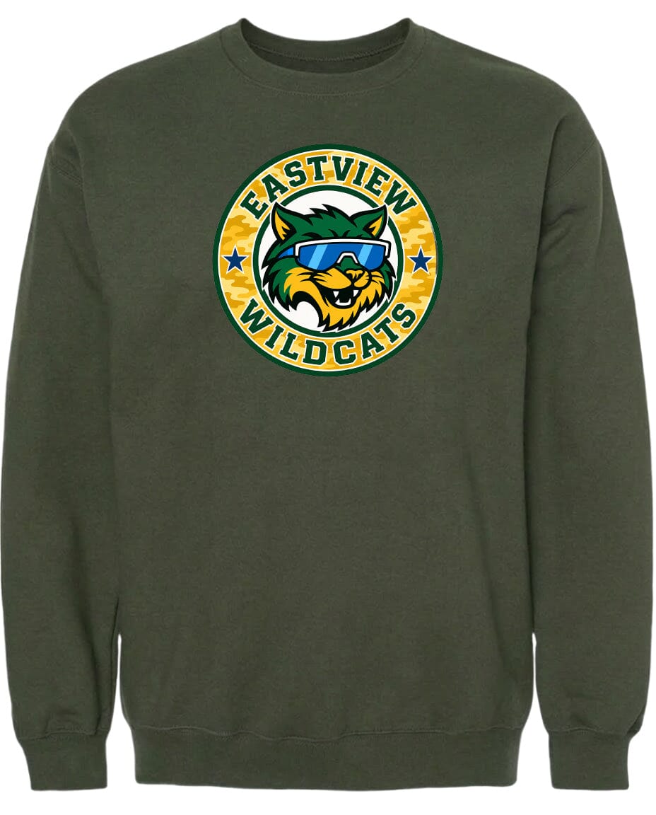 A dark green sweatshirt with a circular logo featuring a cartoon-style cat wearing sunglasses.