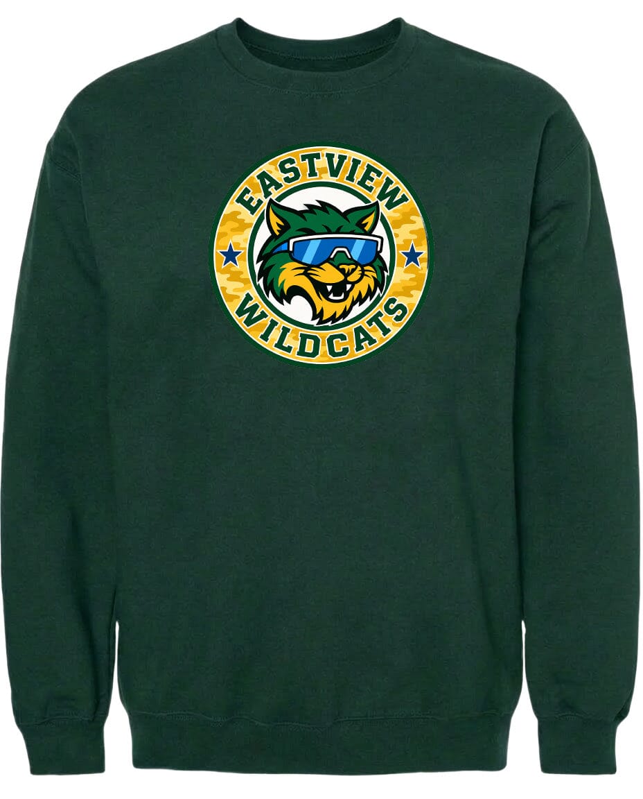 A dark green sweatshirt with a logo featuring a cartoon cat wearing sunglasses.