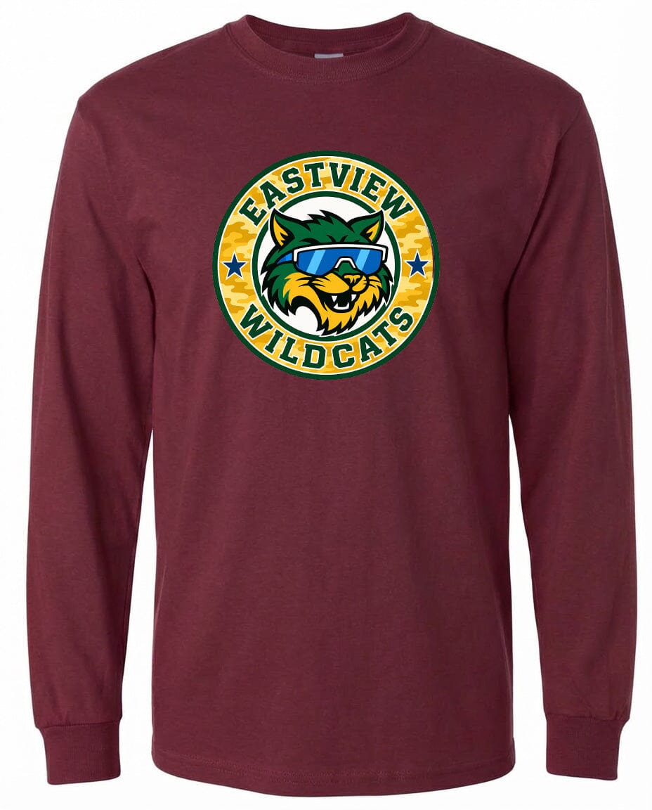 A burgundy long-sleeved t-shirt with a graphic design featuring a cartoon cat wearing sunglasses and surrounded by a circular logo with the text "EASTVIEW WILDCATS".