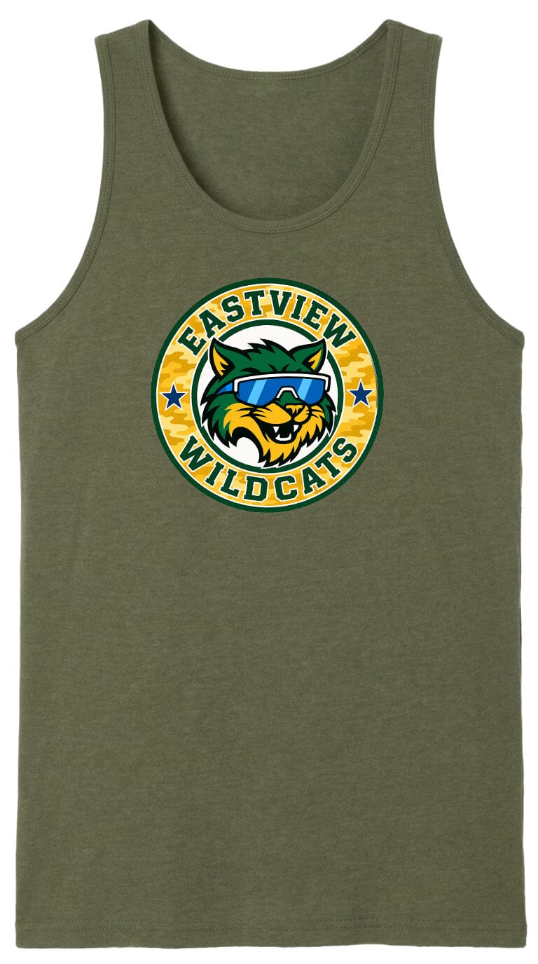 A green tank top with a circular logo featuring a cartoon cat wearing sunglasses and the text "EASTVIEW WILDCATS".