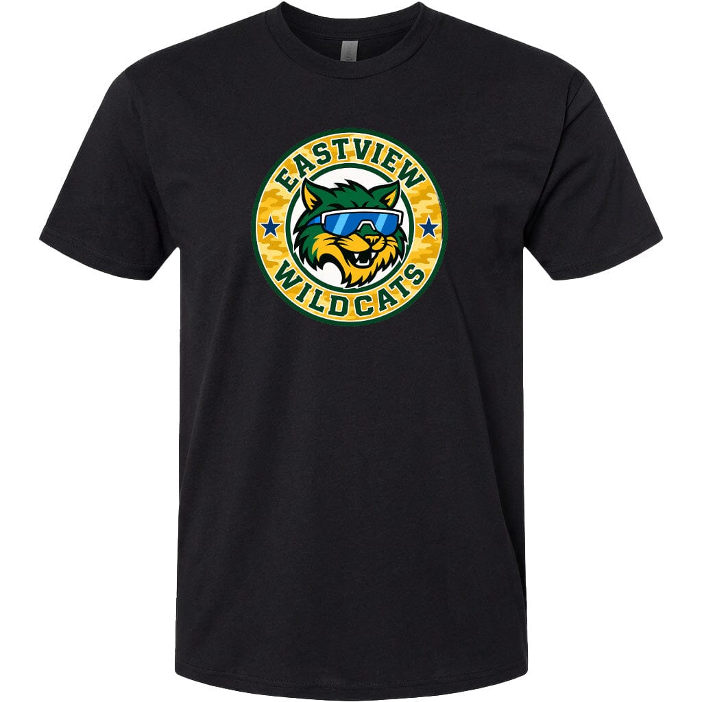 A black t-shirt with a graphic design featuring a cartoon-style cat wearing sunglasses and the text "EASTVIEW WILDCATS" around it.
