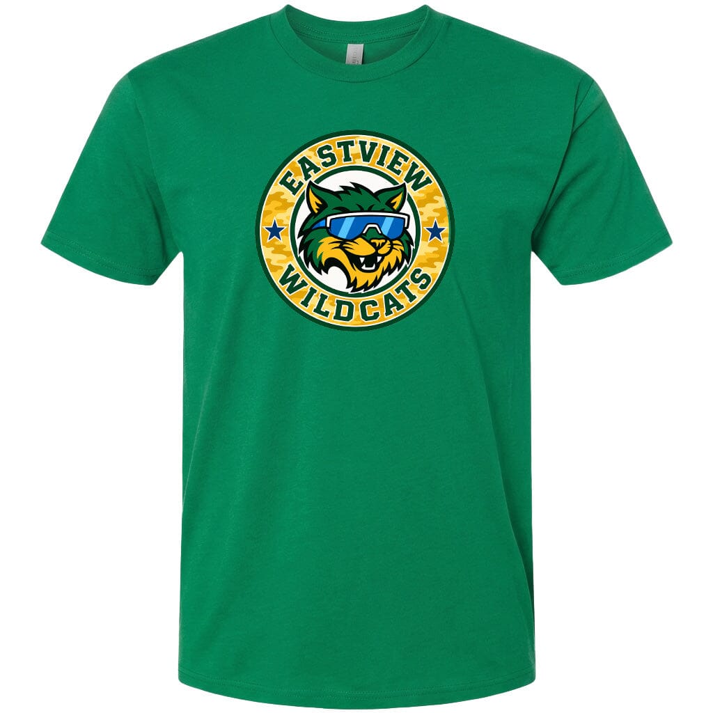 A green t-shirt with a graphic design featuring a cartoon-style cat wearing sunglasses and the text "EASTVIEW WILDCATS" around it.