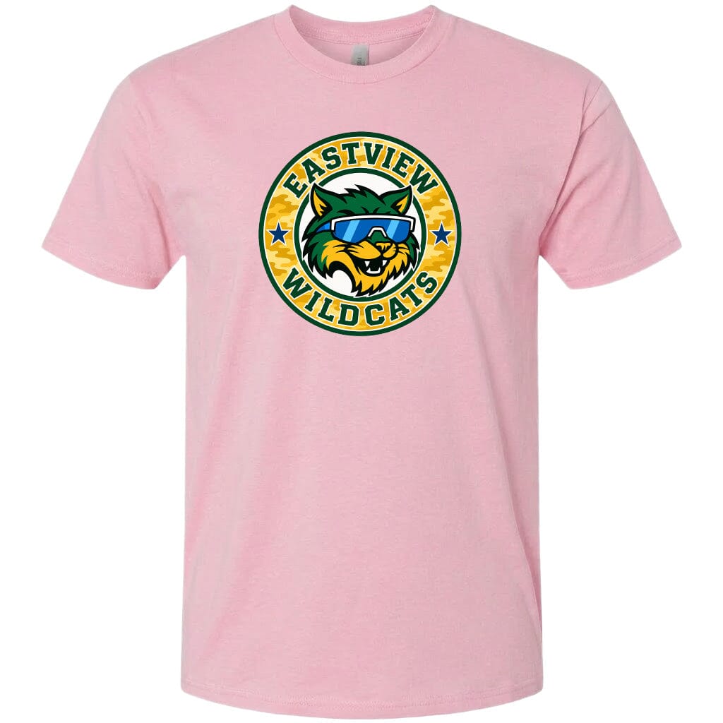 A pink t-shirt with a graphic design featuring a cartoon-style cat wearing sunglasses and the text "EASTVIEW WILDCATS" around it.