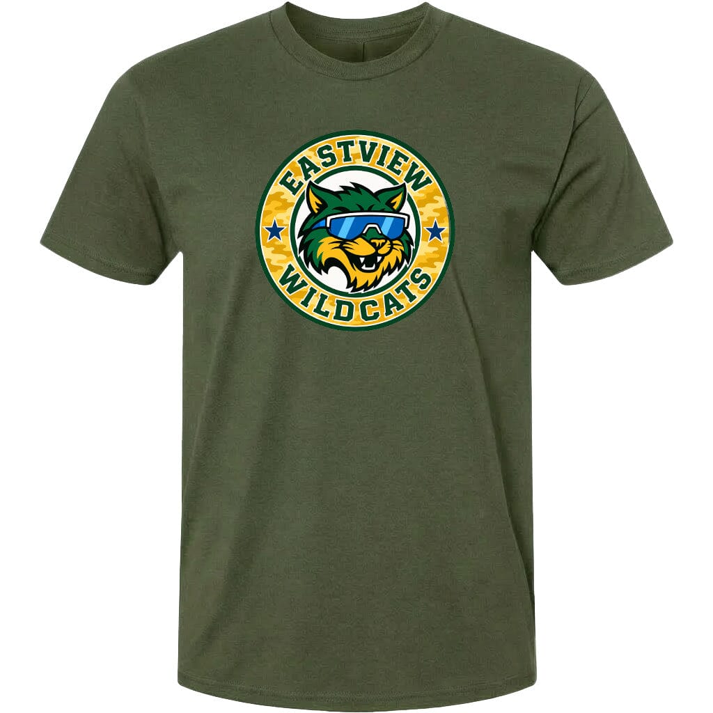 A green t-shirt with a graphic design featuring a cartoon-style cat wearing sunglasses and the text "EASTVIEW WILDCATS" around it.