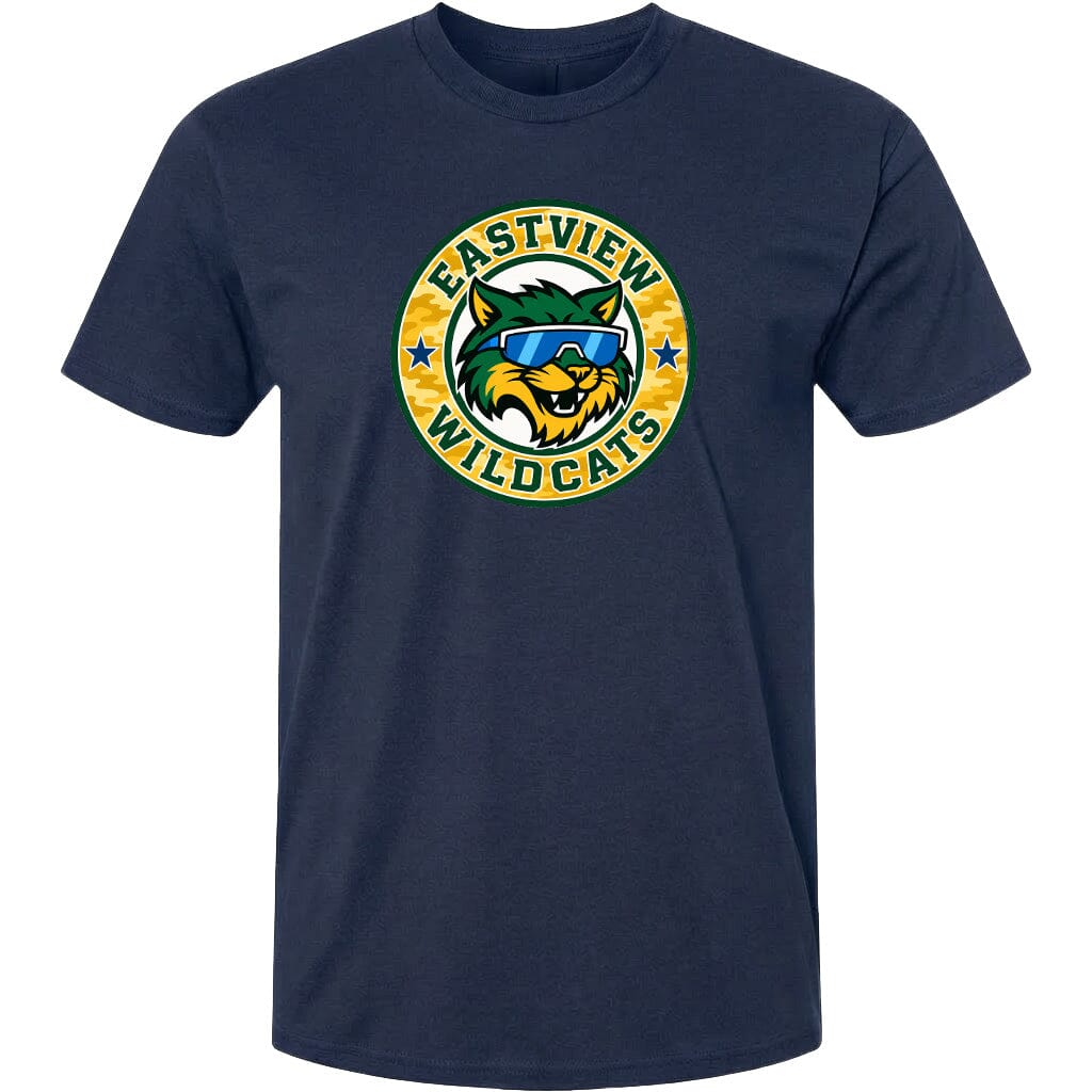 A navy blue t-shirt with a graphic design featuring a cartoon-style cat wearing sunglasses and the text "EASTVIEW WILDCATS" around it.