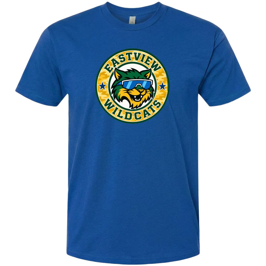 A blue t-shirt with a graphic design featuring a cartoon-style cat wearing sunglasses and the text "EASTVIEW WILDCATS" around it.