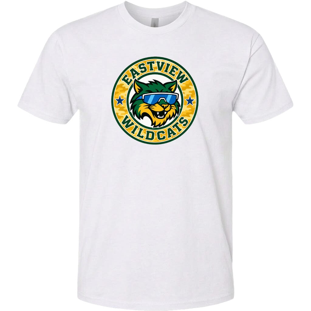 A white t-shirt with a graphic design featuring a cartoon-style cat wearing sunglasses and the text "EASTVIEW WILDCATS" around it.