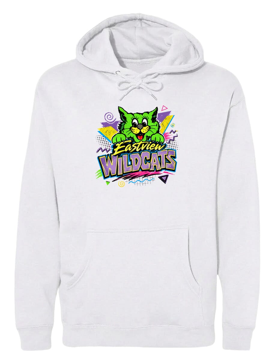 A white hoodie with a colorful graphic design featuring a cartoon cat and the text "Ezview Wildcats".