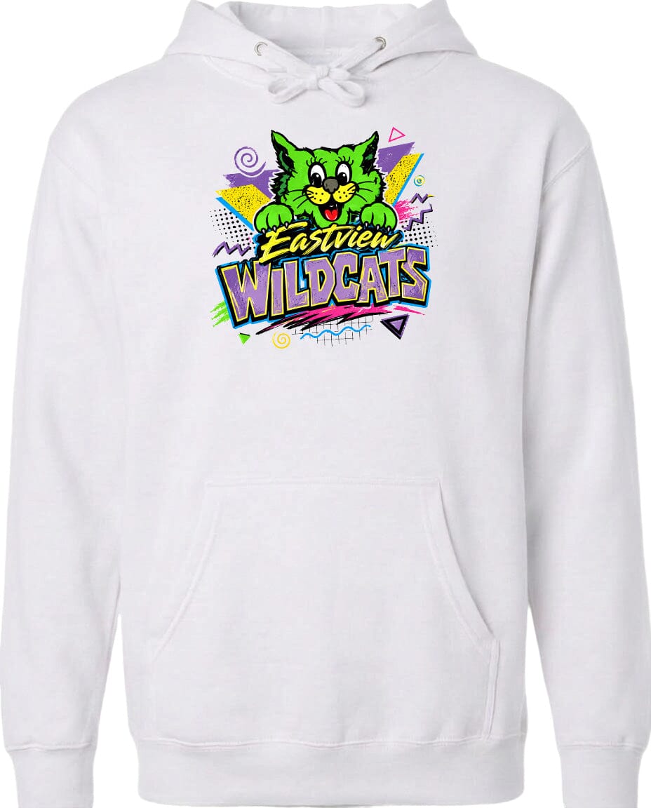 A white hoodie with a colorful graphic design featuring a cartoon cat and the text "Easter Wildcats" printed on it.