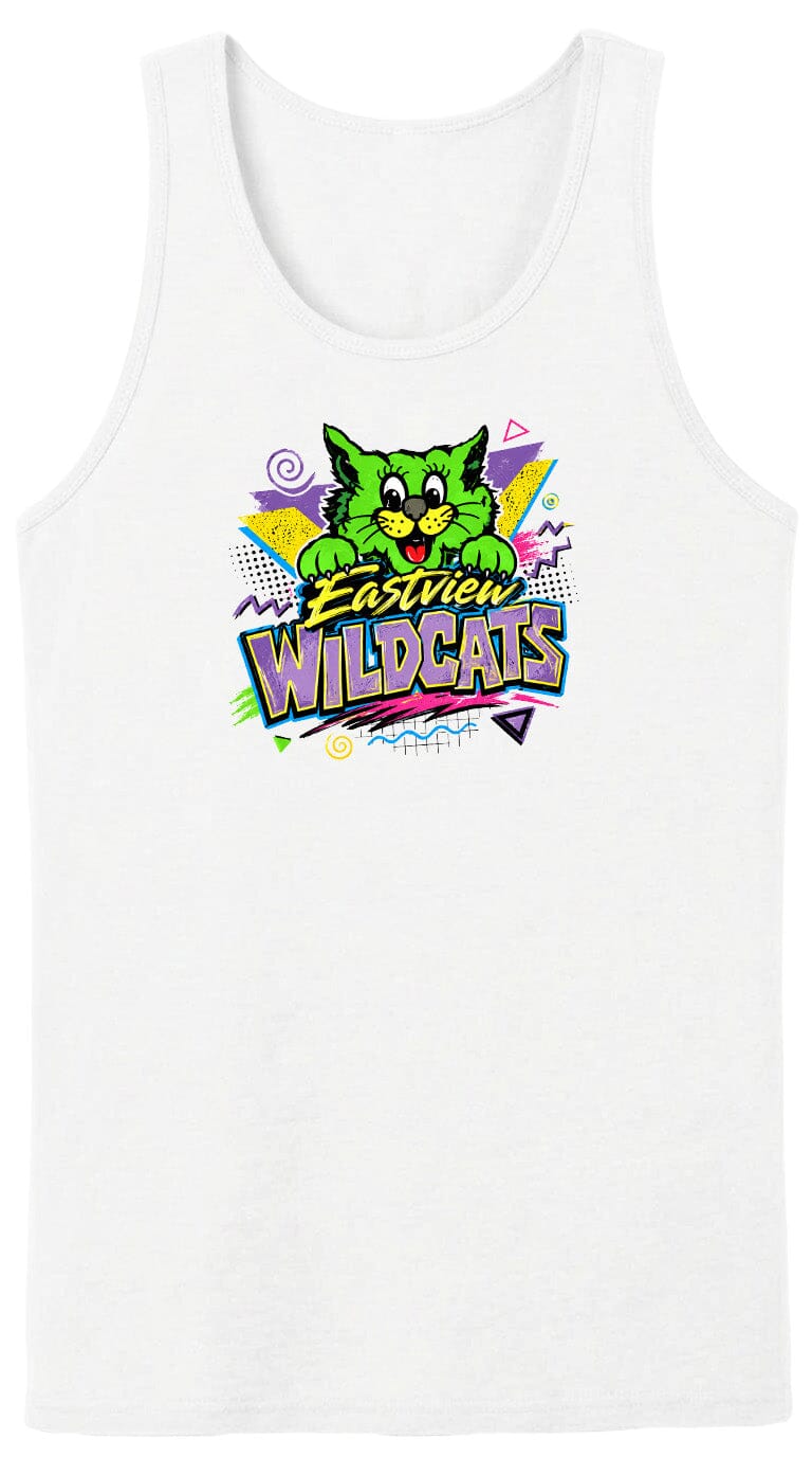 A white tank top with a colorful graphic design featuring a cartoon cat and the text "Wildcats" in a stylized font.