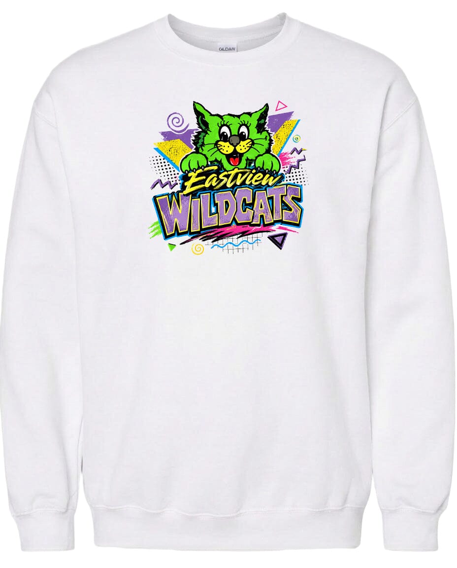 A white sweatshirt with a colorful graphic design featuring a cartoon cat and the text "Eastview Wildcats".