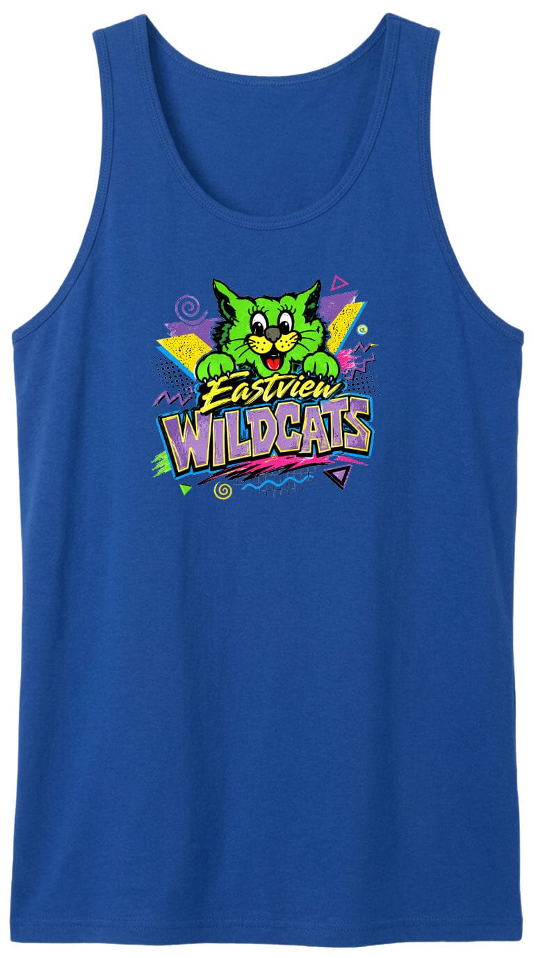 A blue tank top with a colorful graphic design featuring a cartoon cat and the text "Eastview Wildcats".