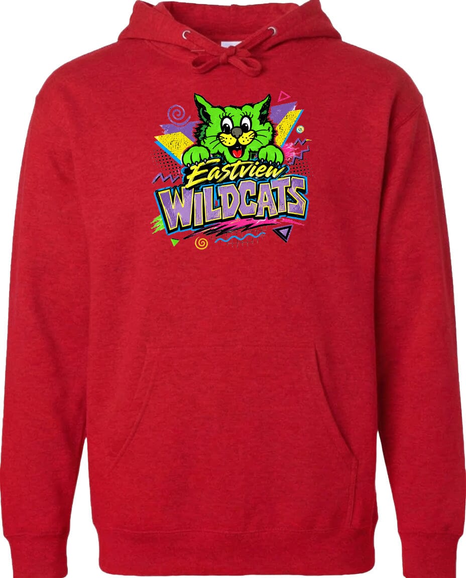 A red hoodie with a graphic design featuring a cartoon cat and the text "EASTVIEW WILDCATS".