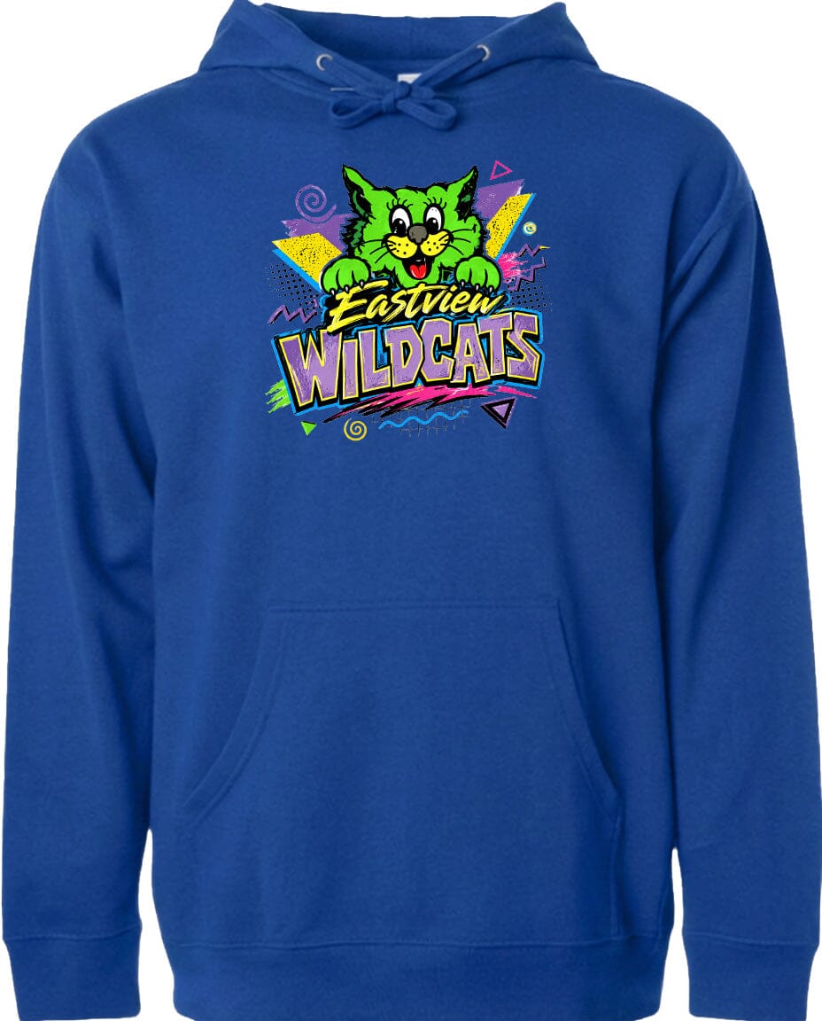 A blue hoodie with a graphic design featuring a cartoon cat and the text "EASTVIEW WILDCATS".