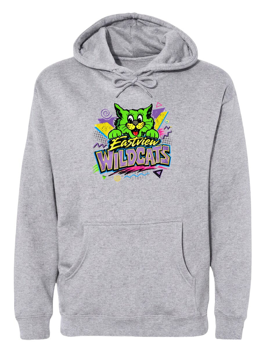 A gray hoodie with a colorful graphic design featuring a cartoon cat and the text "EASTVIEW WILDCATS".