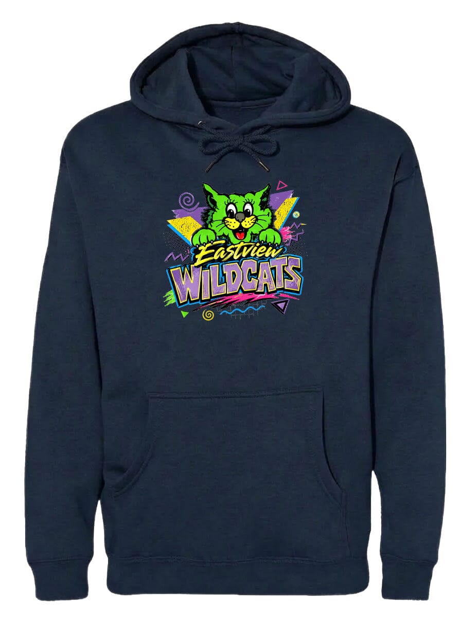 A navy blue hoodie with a colorful graphic design featuring a cartoon cat and the text "EASTVIEW WILDCATS".