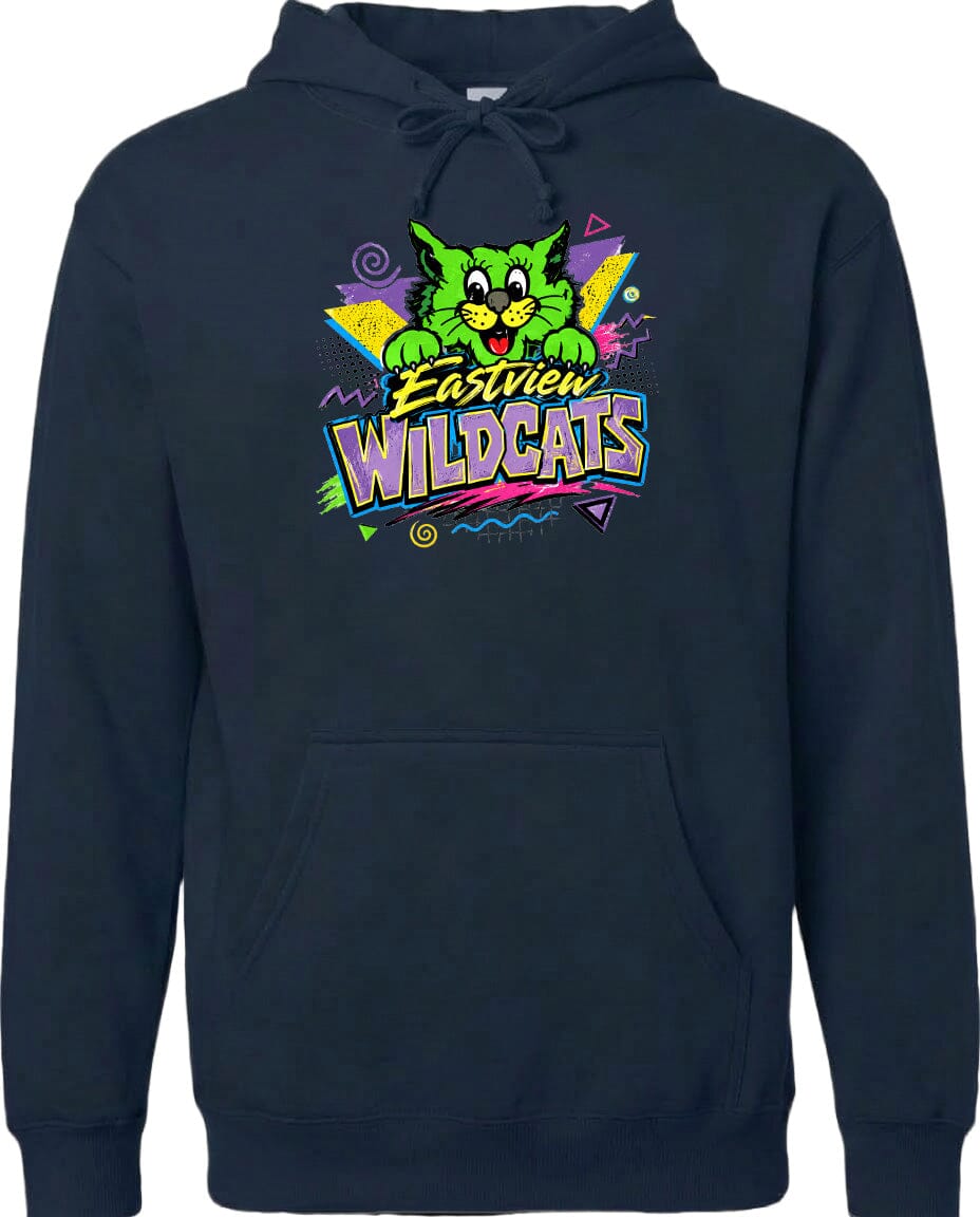 A navy blue hoodie with a colorful graphic design featuring a cartoon cat and the text "Eastview Wildcats".