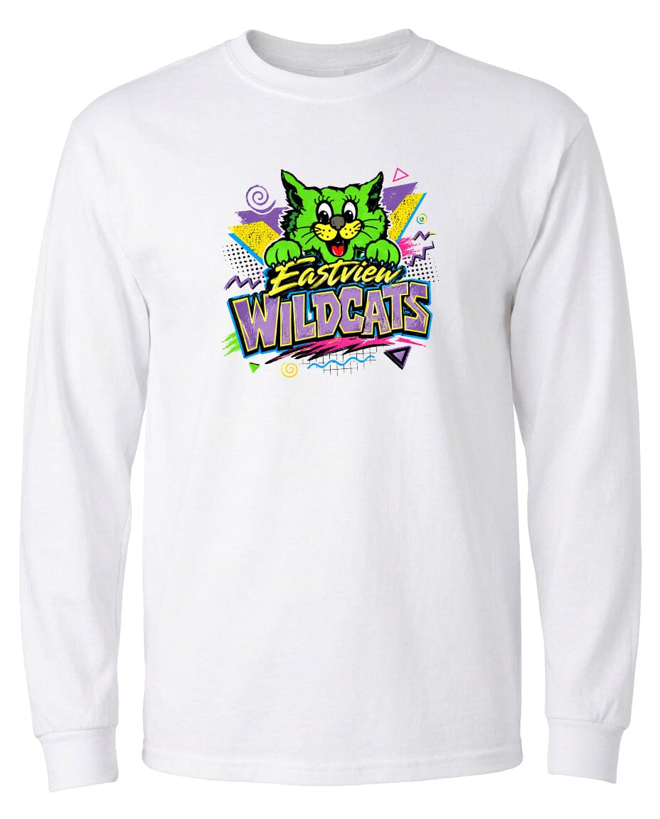 A white long-sleeved t-shirt with a colorful graphic design featuring a cartoon cat and the text "Easton Wildcats".