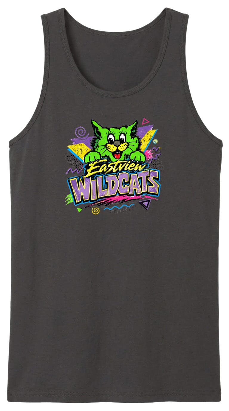A black tank top with a colorful graphic design featuring a cartoon cat and the text "Wildcats" in a stylized font.