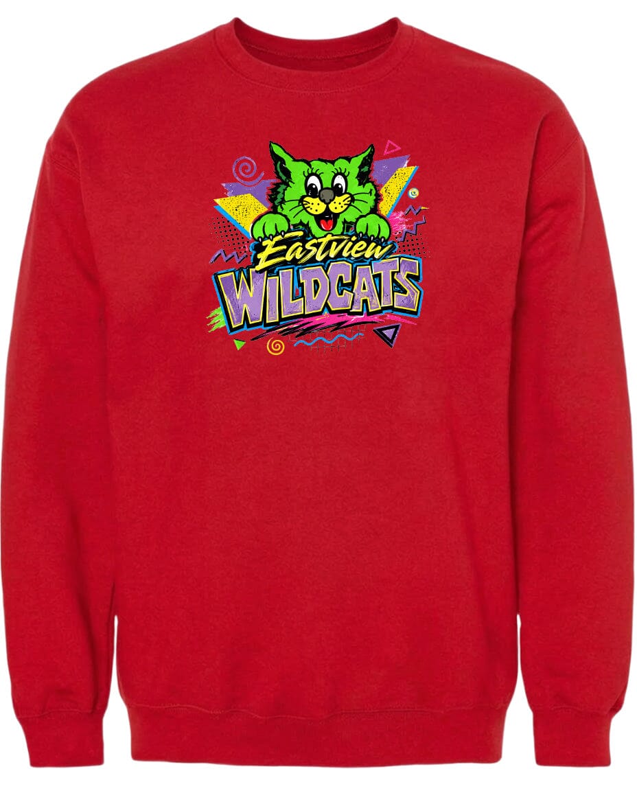 A red sweatshirt with a colorful graphic design featuring a cartoon cat and the text "Eastview Wildcats".