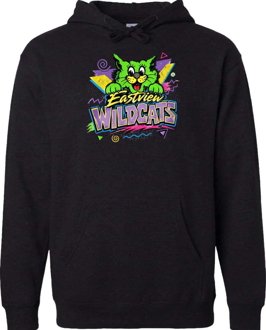 A black hoodie with a colorful graphic design featuring a cartoon cat and the text "Eastview Wildcats".