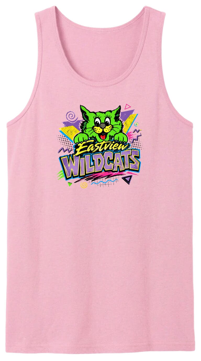 A pink tank top with a graphic design featuring a cartoon cat and the text "Wildcats" in a colorful, retro-style font.