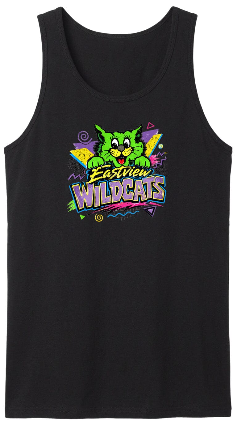 A black tank top with a colorful graphic design featuring a cartoon cat and the text "Wildcats" in a stylized font.