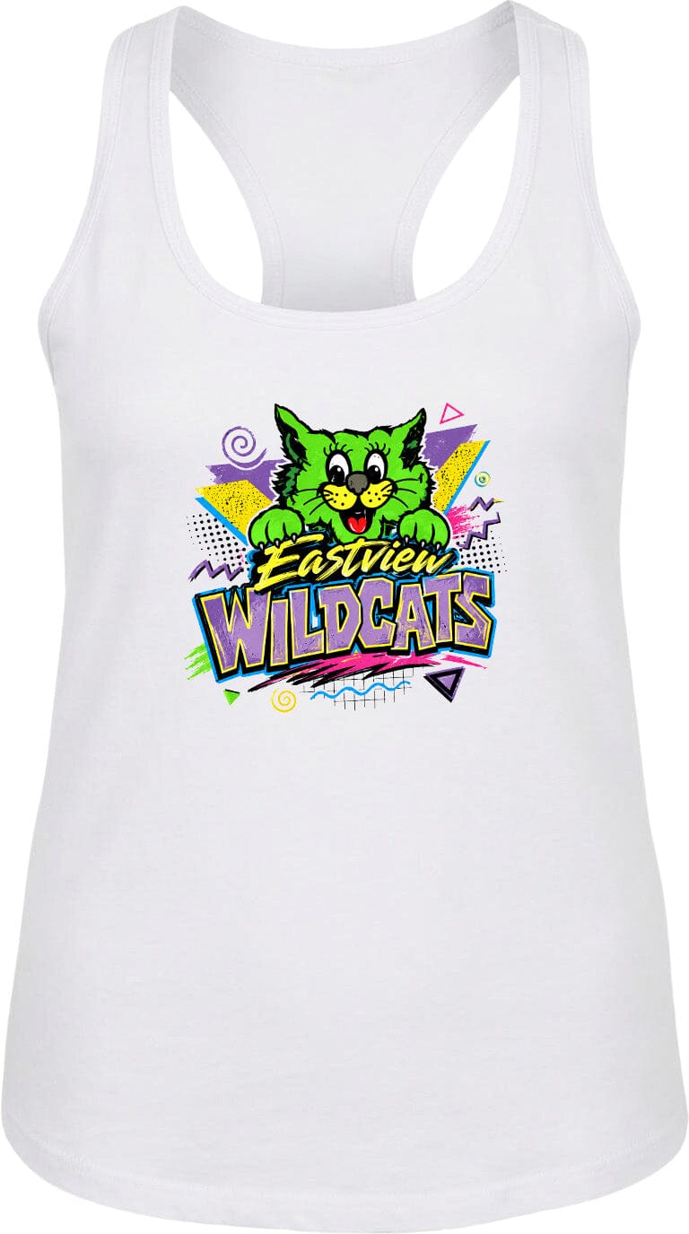 A white tank top with a colorful graphic design featuring a cartoon cat and the text "Eastview Wildcats".