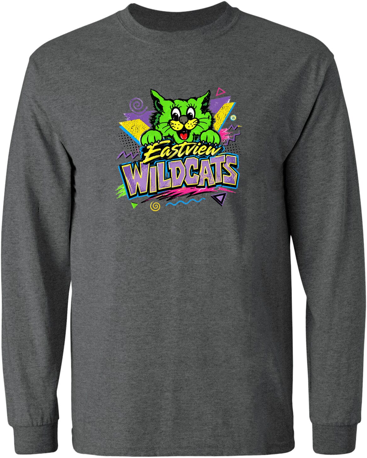 A gray long-sleeved t-shirt with a colorful graphic design featuring a cartoon cat and the text "Eastview Wildcats".