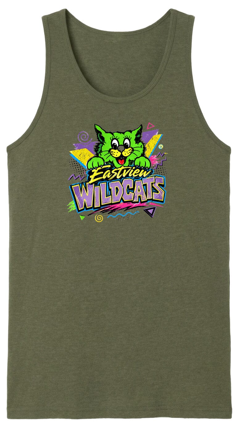 A green tank top with a colorful graphic design featuring a cartoon cat and the text "Wildcats" printed on it.