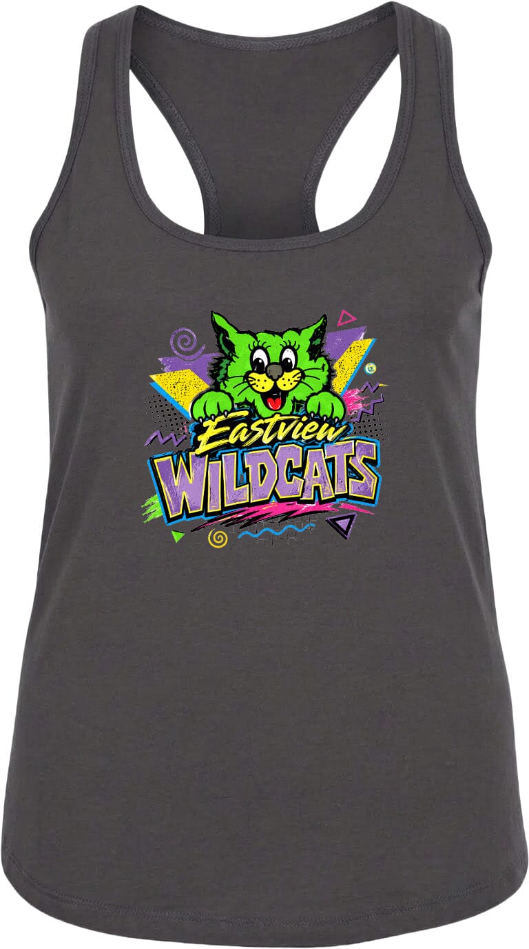 A gray tank top with a colorful graphic design featuring a cartoon cat and the text "Eastview Wildcats".