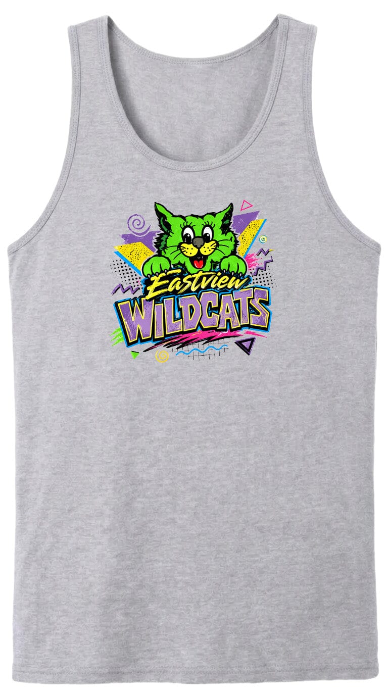 A gray tank top with a colorful graphic design featuring a cartoon cat and the text "Wildcats" in a bold, stylized font.