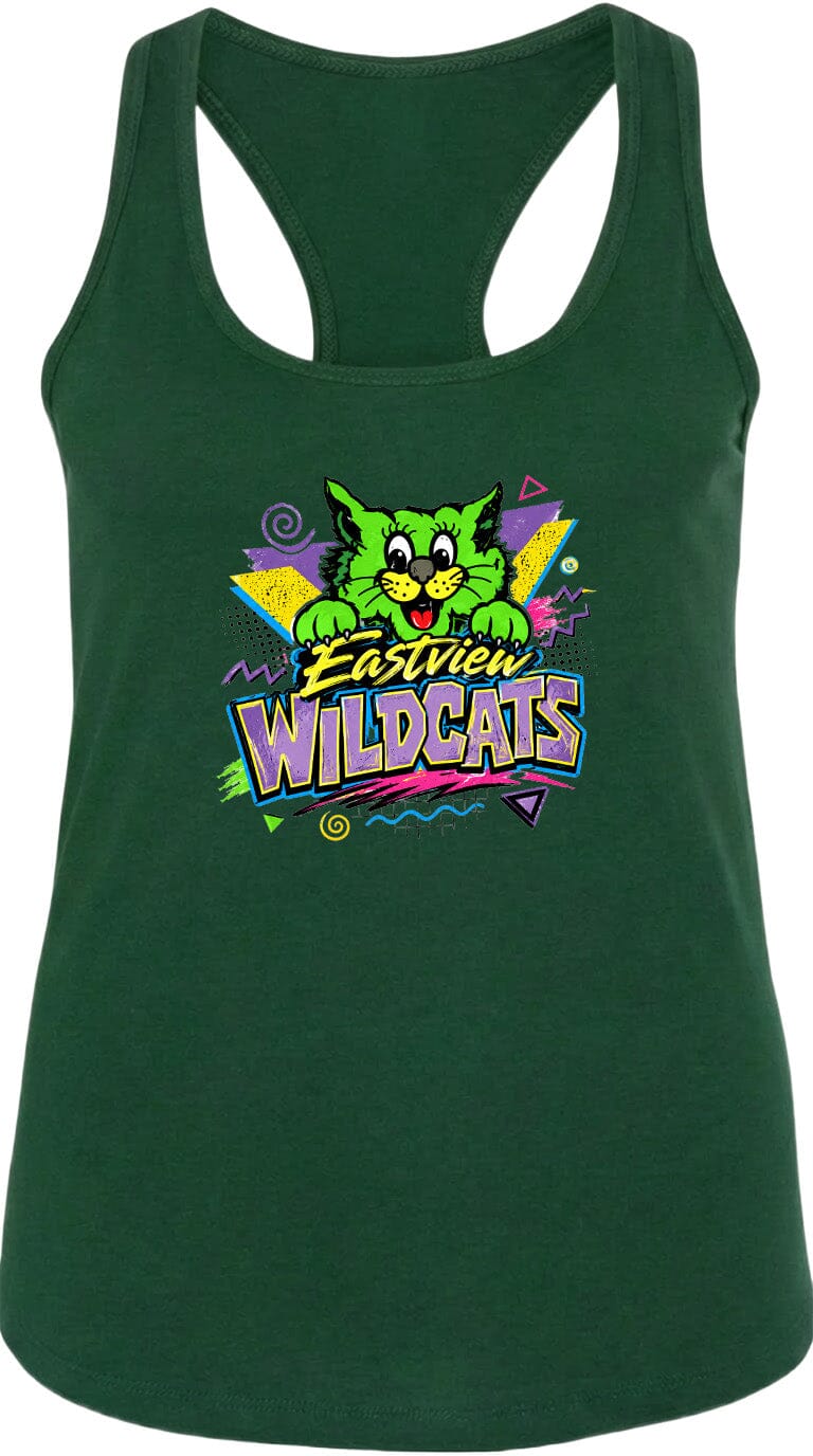 A green tank top with a colorful graphic design featuring a cartoon cat and the text "Eastview Wildcats".