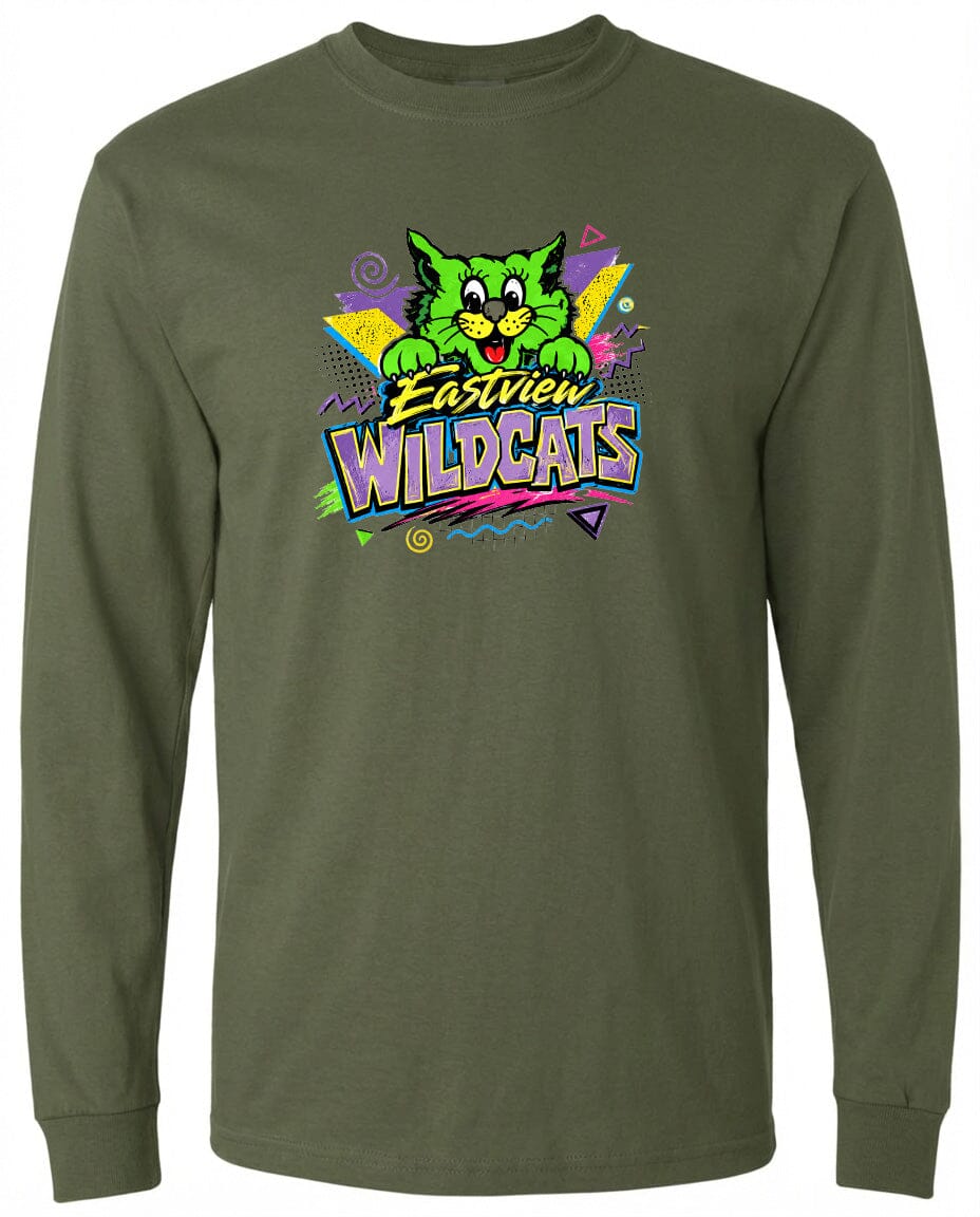 A long-sleeved green t-shirt with a colorful graphic design featuring a cartoon cat and the text "EASTVIEW WILDCATS".