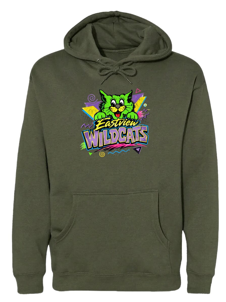 A green hoodie with a colorful graphic design featuring a cartoon cat and the text "EASTVIEW WILDCATS".