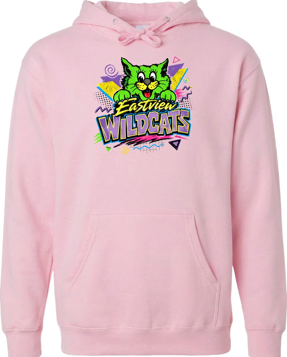 A pink hoodie with a graphic design featuring a cartoon cat and the text "EasTV WildCats" printed on it.