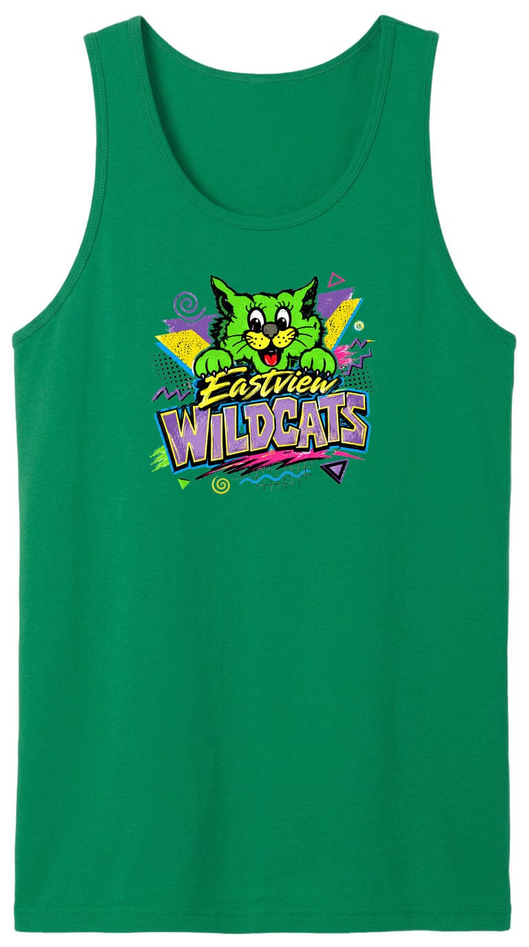 A green tank top with a colorful graphic design featuring a cartoon cat and the text "Evan's Wildcats".