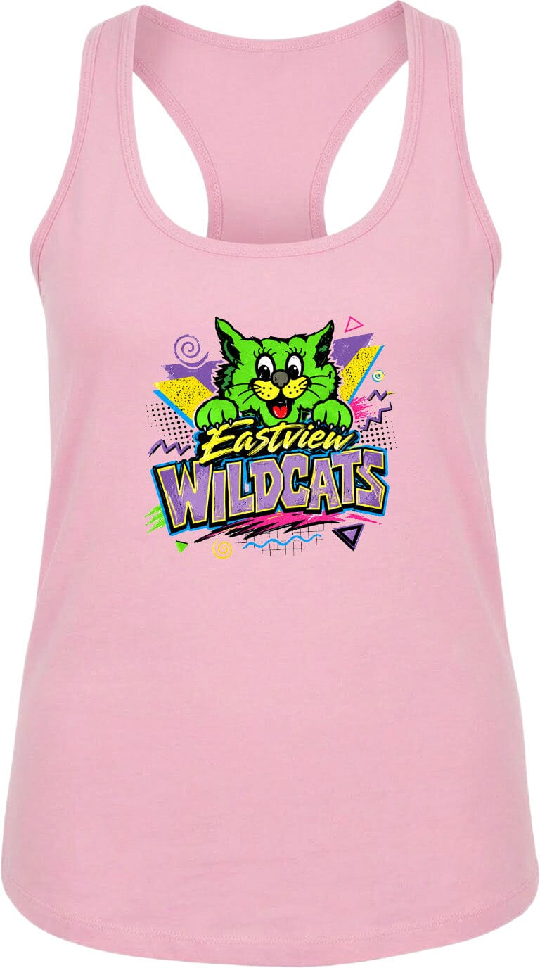 A pink tank top with a graphic design featuring a cartoon cat and the text "Eastview Wildcats".