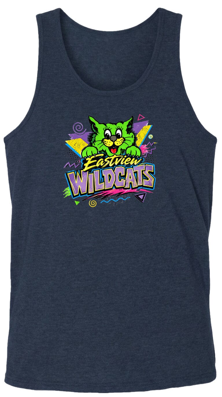 A navy blue tank top with a colorful graphic design featuring a cartoon cat and the text "Eastview Wildcats".