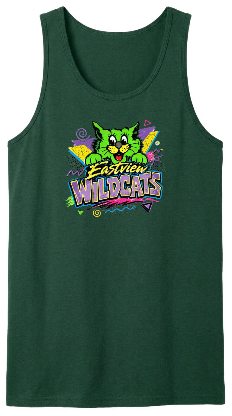 A green tank top with a colorful graphic design featuring a cartoon cat and the text "Easiest Wildcats" printed on it.