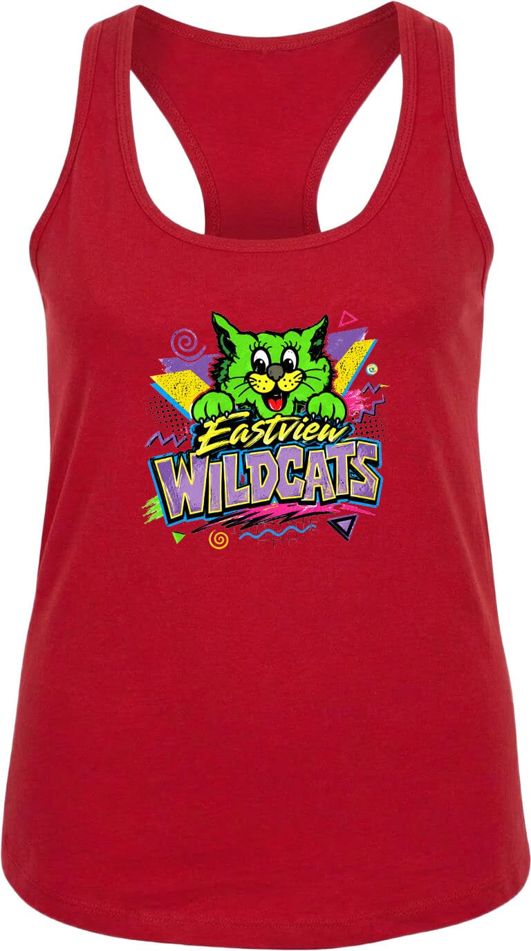 A red tank top with a colorful graphic of a cartoon cat and the text "Eastview Wildcats" printed on it.