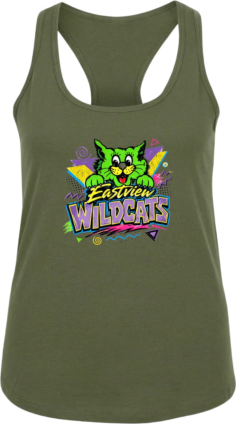 A green tank top with a colorful graphic design featuring a cartoon cat and the text "Eastview Wildcats".