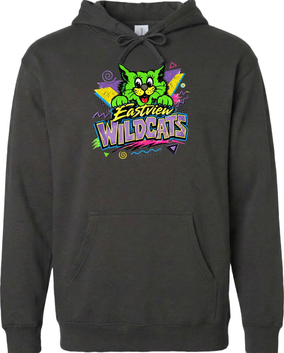 A hoodie with a graphic design featuring a cartoon cat and the text "Eastview Wildcats".
